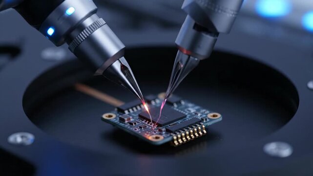 Microchip examination with probe needle, precision technology concept