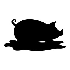 Playful pig standing in mud silhouette