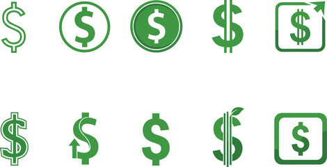 Stylized dollar icon set, green financial symbols, growth and sustainability theme, money graphics, eco finance concept, vector illustration