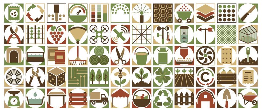 Gardening and agriculture icon set. containing plants, watering can, greenhouse, tools, pruning, and more. Vector collection