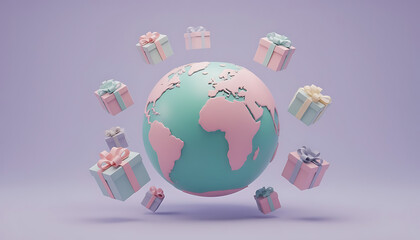 Global gifts concept with earth globe and floating presents in pastel colors.