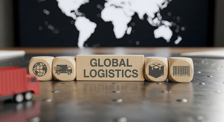 Streamline your supply chain with global logistics solutions represented by wooden blocks, conveying efficiency and worldwide delivery for success in international trade