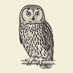 Detailed owl illustration drawing in black and white for nature and wildlife animal art projects design