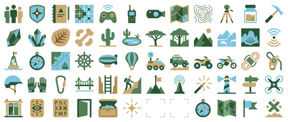 Adventure and exploration icons set. includes compass, map, gps, tree, mountain, camera, radio, drone, tent, hammer, bridge. Vector collection