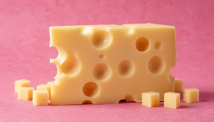Large Block of Swiss Cheese with Cubes and Pink Background for Food Concepts