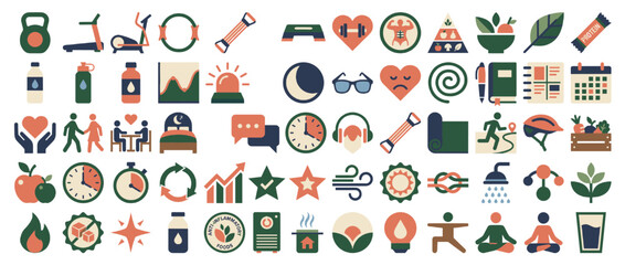 Health and fitness icon set. containing exercise, nutrition, meditation, wellness, gym, yoga, diet, hydration, balance, and more. Vector collection