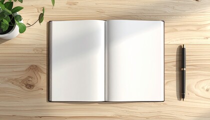 A Blank Page. Happy New Year. A clean minimalist 3D rendering of a beautiful high-quality open notebook lying on a simple wooden desk. The pages are completely blank and clean ready to be written on.
