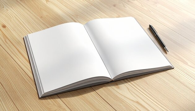A Blank Page. Happy New Year. A clean minimalist 3D rendering of a beautiful high-quality open notebook lying on a simple wooden desk. The pages are completely blank and clean ready to be written on.
