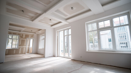 Fototapeta premium Empty living room after completed putty work on walls and ceiling faceless new build house interior defocused smooth finished walls ceiling background interior finishing