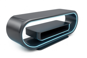 Modern dark gray TV stand with blue neon lights isolated on transparent background.