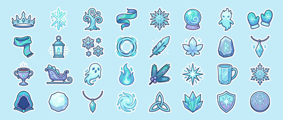 Winter and fantasy icon set. containing snowflake, crown, lantern, crystal ball, feather, ghost, flame, cloak, shield, and more. Vector collection