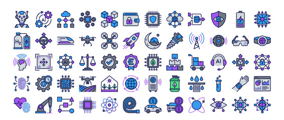 Technology and science icon set. containing ai, robotics, gears, shield, drone, innovation, satellite, blockchain, energy and more. Vector collection