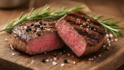 Grilled Steak with Spices and Fresh Rosemary on a Wooden Cutting Board