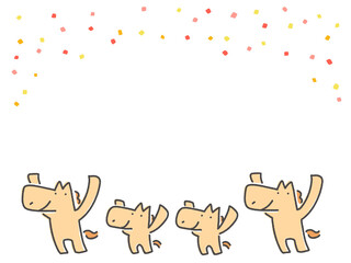 並んで万歳をする4頭の馬の親子キャラクターとカラフルな紙吹雪のフレーム