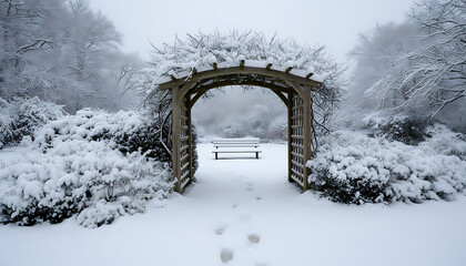 Snow covered wooden arbor in a winter wonderland park scene with bench and tracks leading through