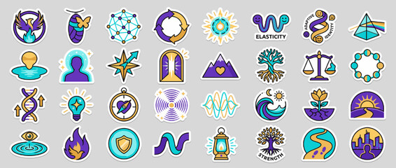 Mindful wellbeing icon set. containing balance, growth, emotion, harmony, connection, energy, insight, and more. Vector collection