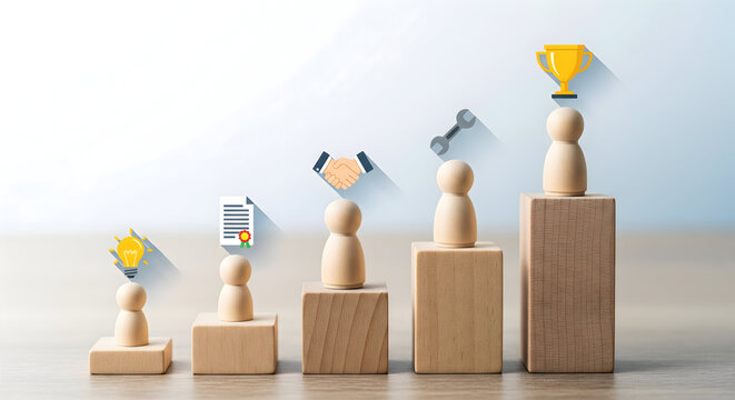 Visualize your team's growth strategy and celebrate business success with these wooden figures on blocks representing innovation, agreement, and strategic development