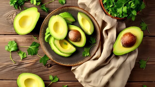 sliced avocados on a rustic wooden table with fresh cilantro leaves and a bowl of parsley.