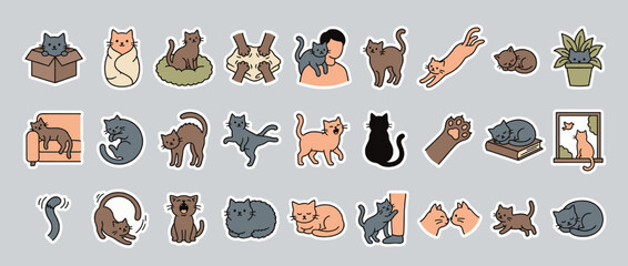 Cats icon set. containing playful, sleeping, stretching, cuddling, jumping, sitting, yawning, and more. Vector collection