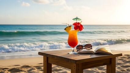 Tropical Cocktail and Open Book on a Beach Table with Ocean Waves and Sunset Sky (38) photo