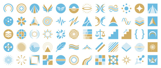 Abstract icon set. containing circles, waves, scales, feathers, spirals, stars, triangles, layers, and more. Vector collection