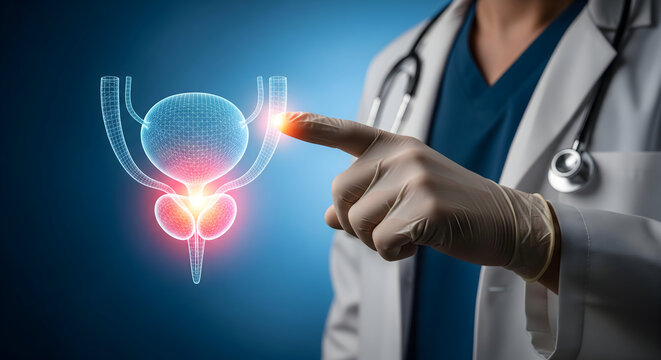 Urologist examining prostate health with digital interface, modern diagnostic technology for men's health awareness and innovative healthcare solutions