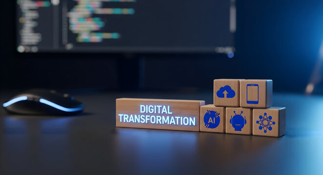 Modern digital transformation concept with glowing AI icons represents future tech innovation and business strategy, promising a competitive edge in the digital age