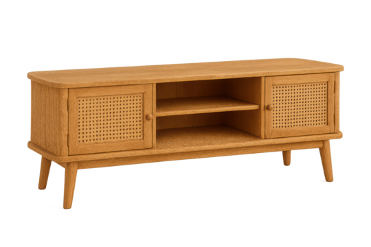 Wooden TV stand with cane doors isolated on a transparent background studio shot - Powered by Adobe