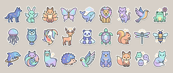 Obraz premium Animal icons set. featuring wolf, unicorn, fox, butterfly, lion, cat, bird, frog, jellyfish, turtle, bee, and more. Vector collection