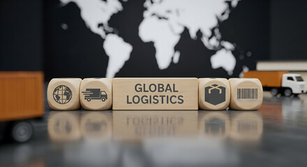 Streamlined global logistics solutions concept with shipping icons and world map, conveying efficiency and worldwide delivery for business growth and supply chain management