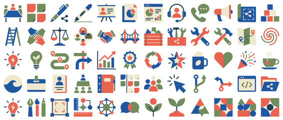 Business and office icon set. containing chart, presentation, tools, handshake, growth, gears, ideas, teamwork, scales and more. Vector collection