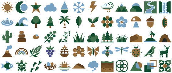 Nature and environment icon set. containing sun, tree, leaf, mountain, water, flower, rain, and more. Vector collection