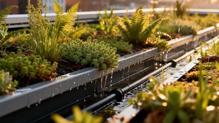 Medium shot of a green roof system designed to absorb stormwater showcasing lush vegetation filtering rainwater naturally in an urban environment.