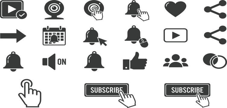 Social media interaction icons set vector black symbols for video like subscribe share notification and engagement