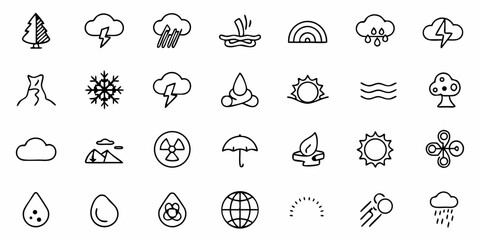 Naklejka premium Illustration of various weather elements, natural formations, and abstract conceptual symbols in black outline