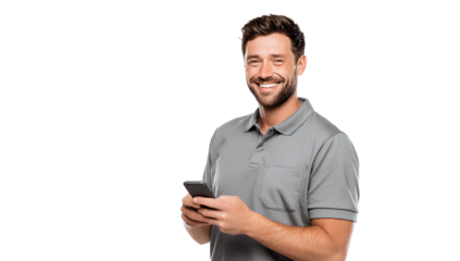 Bearded man with cell phone and gray shirt stands on transparent background isolated
