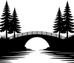 Pine trees and arch bridge silhouette vector illustration