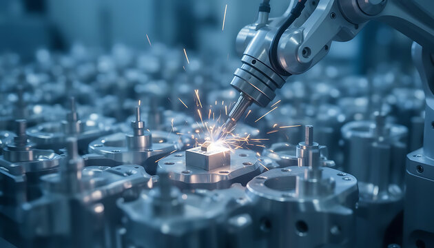 Automated robotic arm welding metal parts in a production factory for manufacturing processes and technology applications - Powered by Adobe