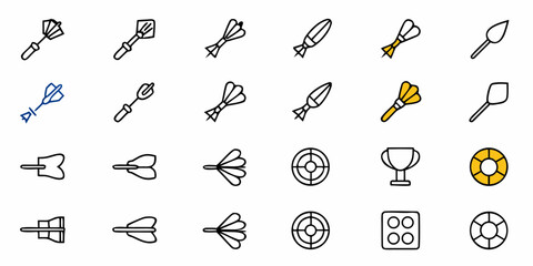 Fototapeta premium Collection of darts, target boards, a trophy, dice, and life preserver icons in various styles