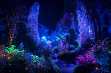 Mystical alien forest illuminated by vibrant bioluminescent plants and towering crystalline rock formations at night