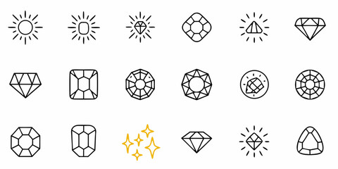 Illustration of various diamond shapes and sunbursts in a line art style with a few golden starbursts