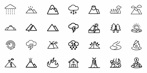 Fototapeta premium Collection of nature icons including mountains, clouds, rain, fire, volcanoes, and other natural elements