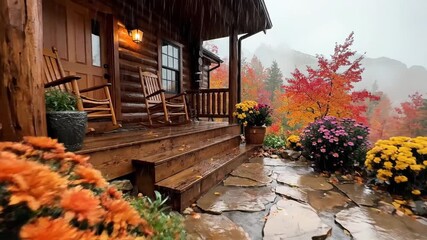 Autumnal cabin entrance displaying vibrant flower garden and forest backdrop
