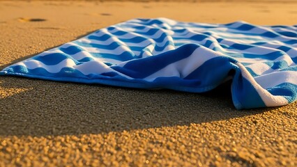 Blue and White Striped Beach Towel Laid on Golden Sand with Sunlight Reflections image photo