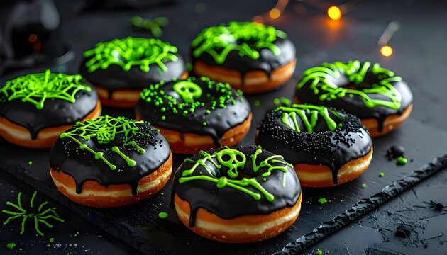 A tempting array of chocolate-glazed Halloween donuts, artistically decorated with spooky green spiderwebs and skeletons, perfect for a festive treat