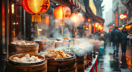 Fototapeta premium Steaming street food market, vibrant lanterns, busy asian night.