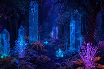 Enchanting bioluminescent forest with towering crystal formations and glowing flora in mystical blue and purple hues