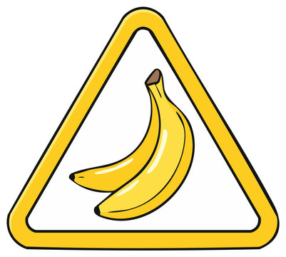 Cartoon banana sign in a warning triangle. Symbol of caution and fruits.