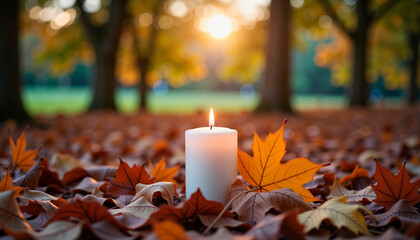 Somber candle flickering amid autumn leaves at twilight, honoring memories, for Suicide Loss Day  