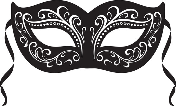 Elegant black masquerade mask with ornate white swirls and ribbons - Powered by Adobe